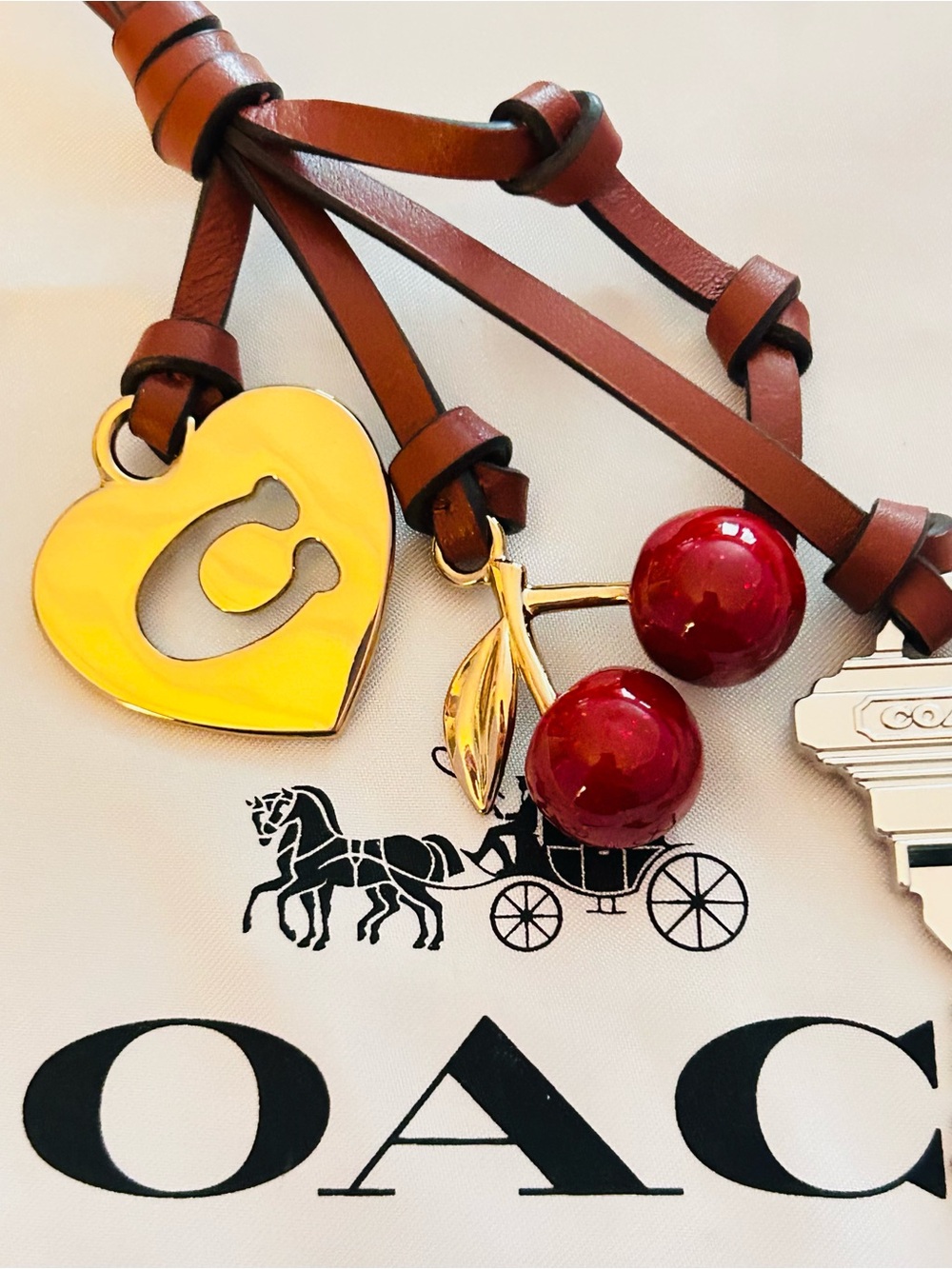 NWOT Coach Love Denim Cherry/Heart/ Key Genuine Leather Bag Charm - Picture 7 of 11
